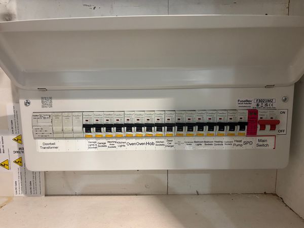 FuseBox consumer unit with dedicated EV charger and heat pump circuits, every circuit clearly labelled, installed by AK Electrical